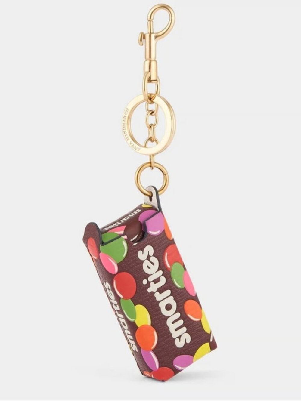Anya Hindmarch Smarties Bag Charm Keychain Grainy Capra in Mahogany